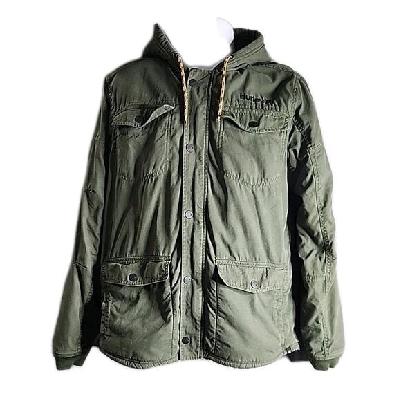 HURLEY Men's Jacket Military Mens Size Large Green 4 Front Pockets Hooded Beach - Picture 1 of 10